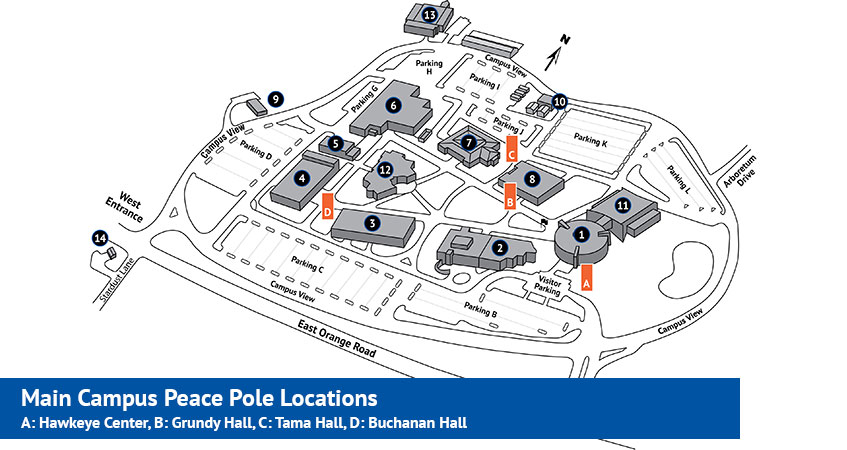 Main Campus Peace Pole locations: Hawkeye Center, Grundy Hall, Tama Hall, and Buchanan Hall.