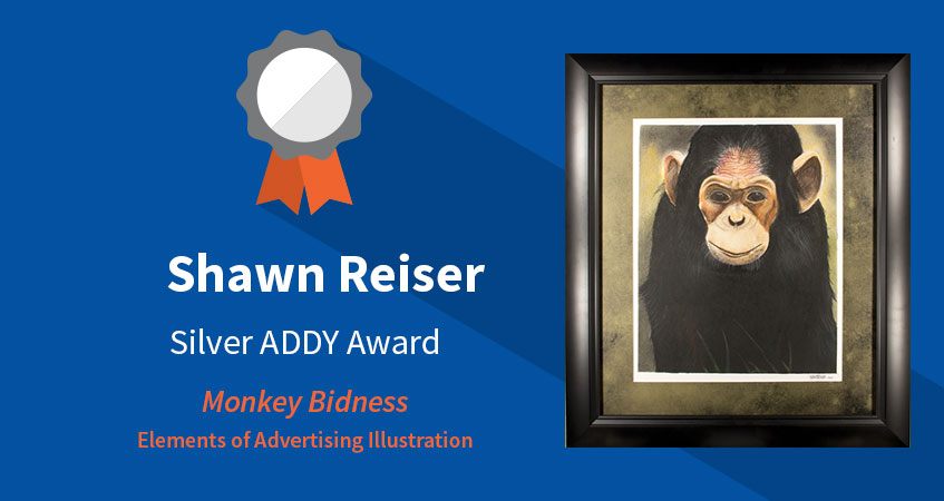 Silver ADDY Award: Monkey Bidness. Category: Elements of Advertising Illustration. Student: Shaun Reiser