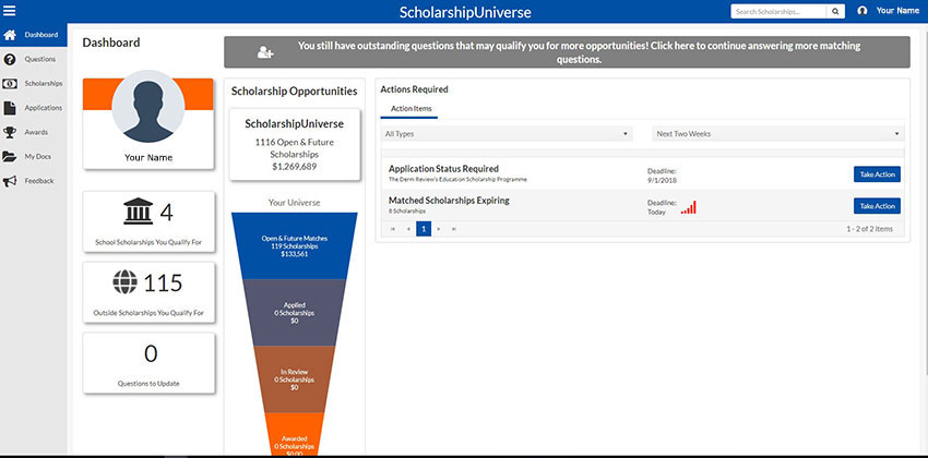 Screenshot of ScholarshipUniverse Dashboard